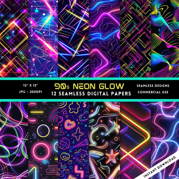 90s Neon Glow Seamless Digital Paper | Commercial Use | High-resolution | 300 dpi | JPG | 1980s | 1990s | Bright Colors Digital Paper Pack