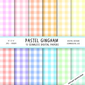 May include: A collection of 12 seamless digital papers with pastel gingham patterns in various colors, including pink, peach, yellow, and blue. The papers are 12 x 12 inches and suitable for commercial use. The text "PASTEL GINGHAM" is displayed.