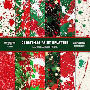 May include: Twelve digital paper designs featuring seamless patterns of red, green, white, and gold paint splatters.  High-resolution, 12" x 12", 300 DPI.  Christmas Paint Splatter, 12 Seamless Digital Papers, Seamless Patterns, Commercial Use.