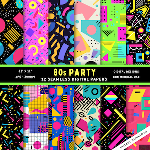 80s Party Seamless Digital Paper | Commercial Use | High-resolution | JPG | 1980s | 1990s | Bright Colors | Fun Shapes | Neon | Retro