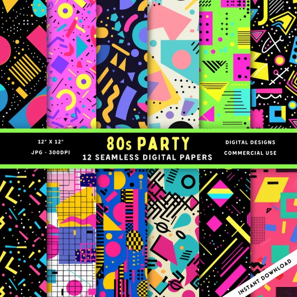 80s Party Seamless Digital Paper | Commercial Use | High-resolution | 300 dpi | JPG | 1980s | 1990s | Bright Colors | Fun Shapes