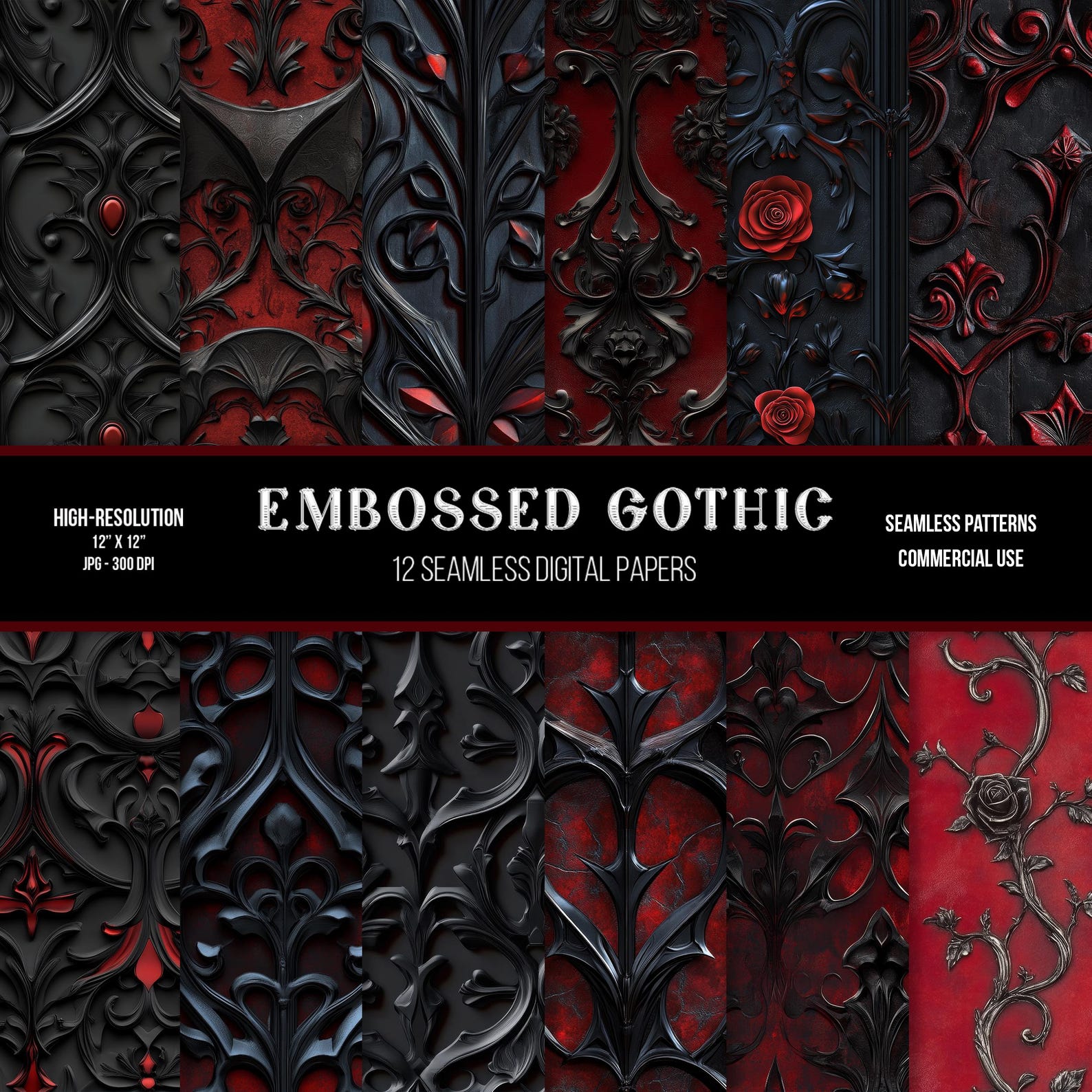 Embossed Gothic Digital Paper: Red and Black Seamless Patterns (digital ...