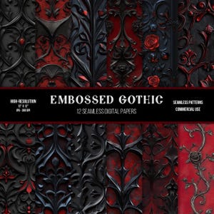 Embossed Gothic Seamless Digital Paper | Commercial Use | High-resolution | 300 dpi | JPG | Victorian Style | Vampire | Red and Black