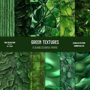 Könnte beinhalten: Ein digitales Bild mit 12 nahtlosen grünen Texturen. Die Texturen umfassen verschiedene Muster wie Strickstoff, Reptilienschuppen und rissige Farbe. Der Text "GREEN TEXTURES" und "12 SEAMLESS DIGITAL PAPERS" ist enthalten. Das Bild ist 30,48 cm x 30,48 cm groß.