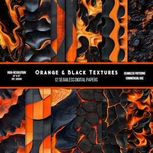 May include: Twelve seamless digital papers featuring abstract orange and black textures. The textures are reminiscent of lava, fire, and geometric patterns.