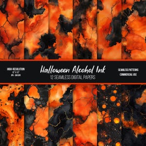 May include: Twelve digital papers featuring seamless patterns of orange and black alcohol ink with gold accents. The papers are 12 inches by 12 inches and 300 DPI.