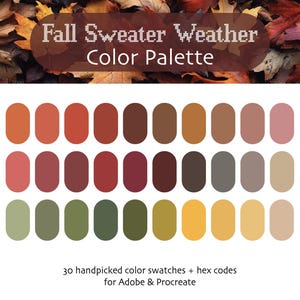 Może przedstawiać: Paleta kolorów z 30 starannie dobranych próbek kolorów, inspirowanych jesiennymi liśćmi. Kolory wahają się od ciepłych czerwieni i pomarańczy do chłodnych brązów i zieleni. Paleta jest oznaczona jako "Paleta kolorów jesiennego swetra" i zawiera kody szesnastkowe do użycia w Adobe i Procreate.