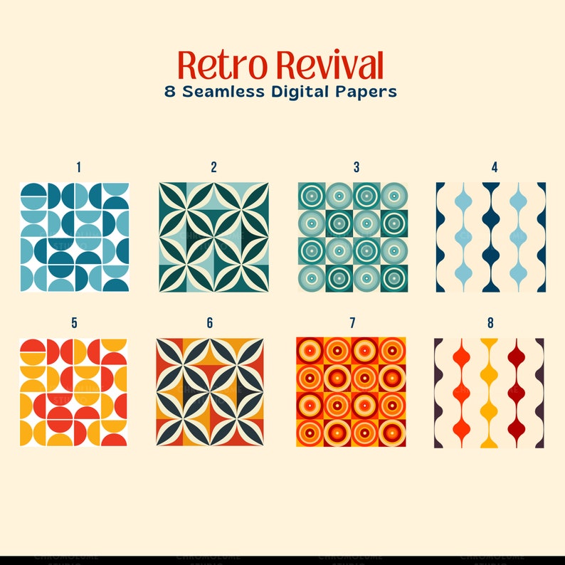 K&ouml;nnte beinhalten: Ein Bild mit dem Titel "Retro Revival", das acht nahtlose digitale Papierdesigns zeigt. Die Designs weisen geometrische Muster in verschiedenen Farbschemata auf, darunter T&uuml;rkis, Orange und Gelb, mit einer Retro-&Auml;sthetik. Der Text ist in einer Serifenschrift.