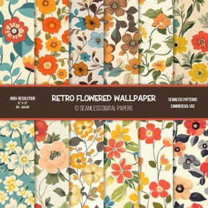May include: Twelve digital papers featuring retro floral patterns in various colors, including yellow, orange, red, blue, and green. The papers are seamless and can be used for commercial purposes.