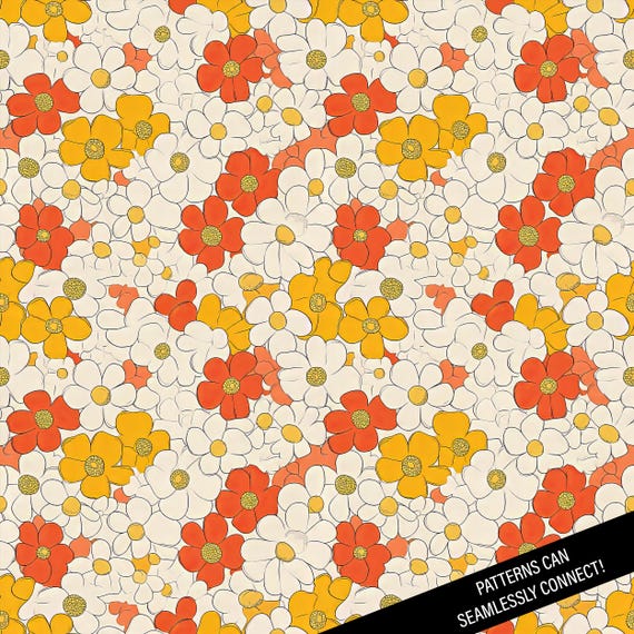 Flower Power Digital Paper: Retro 60s 70s Floral Seamless Patterns