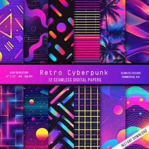 Puede incluir: Doce diseños de papel digital en estilo retro cyberpunk. Los papeles presentan patrones geométricos, colores neón y gráficos pixelados. Los papeles miden 30,5 cm por 30,5 cm y 300 DPI.