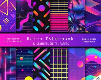 Retro Cyberpunk Seamless Digital Paper | Commercial Use | High-resolution | JPG | 1980s | 1990s | Vibrant | Retro | Metaverse | Gradient