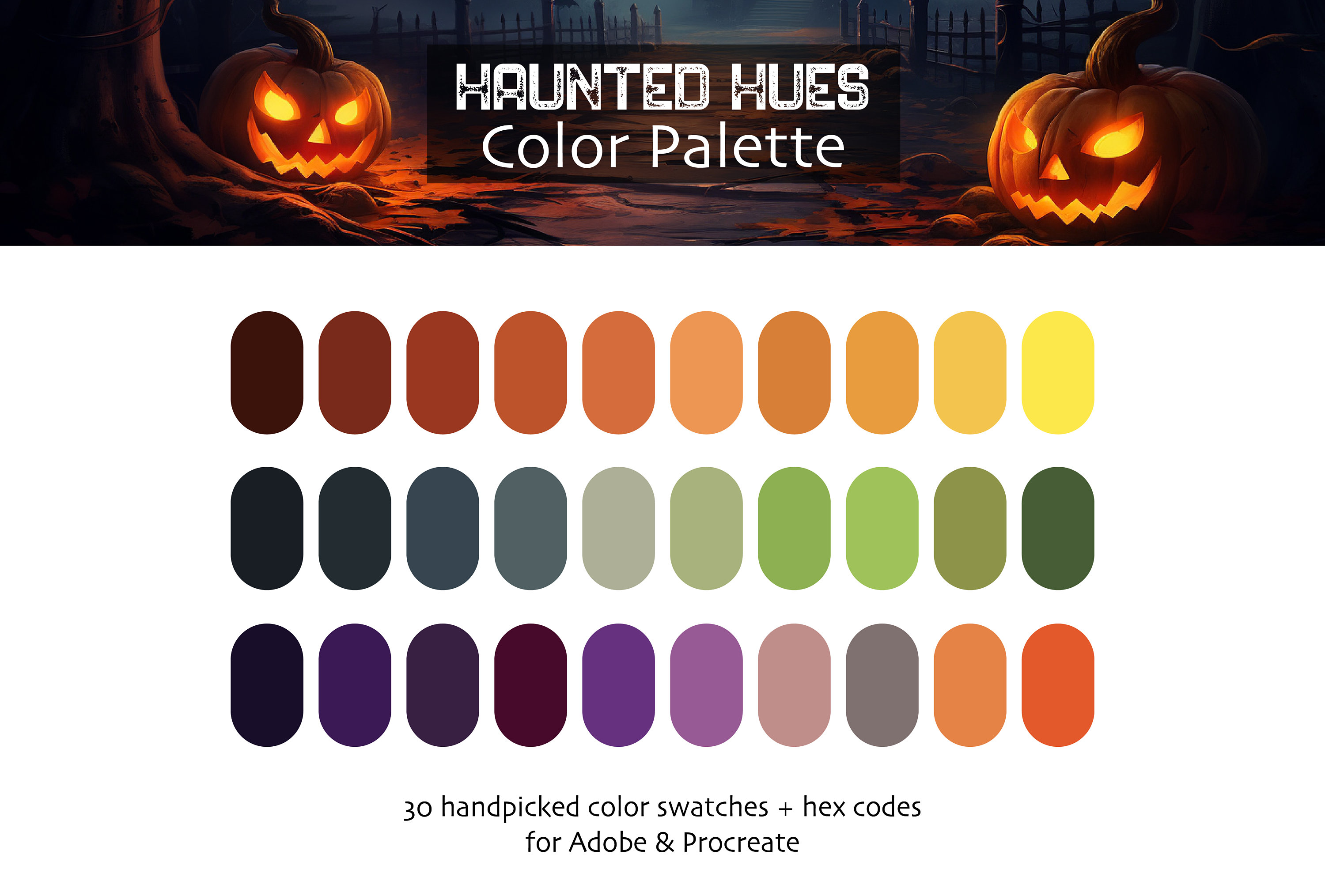 Haunted Hues Halloween Color Palette for Procreate & Adobe | 30 HEX Swatches | Instant Download