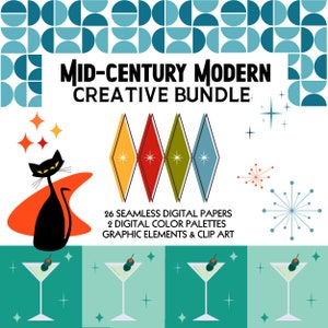 Mid-Century Modern Graphics Bundle: Retro Clipart, Seamless Digital Paper (PNG, SVG, JPG)