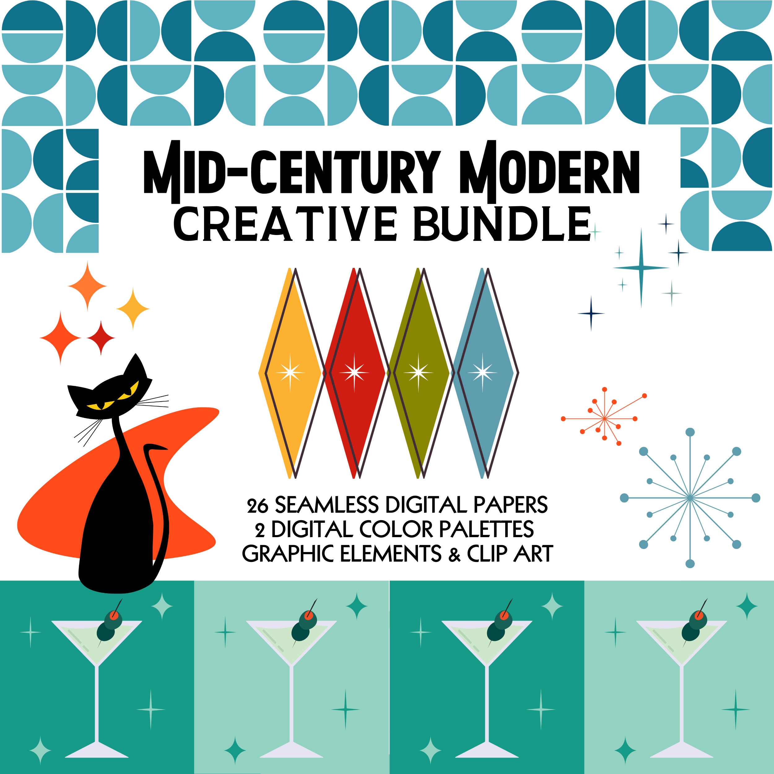 Mid-century Modern Graphics Bundle: Retro Clipart, Seamless