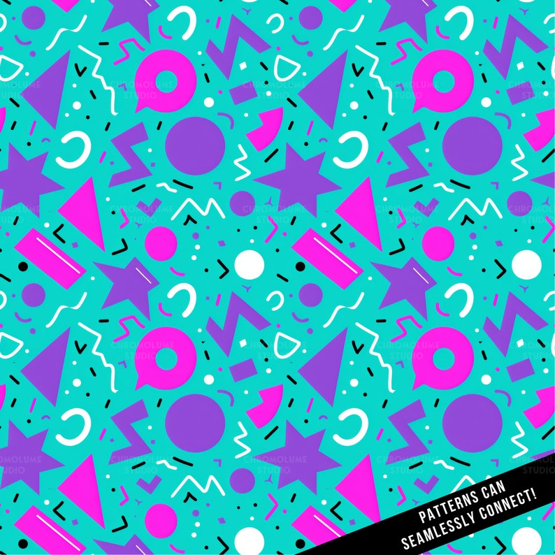 May include: A seamless pattern with a retro 80s and 90s aesthetic. The pattern features a variety of geometric shapes in pink, purple, white and black on a turquoise background. The shapes include stars, circles, squares, triangles, and wavy lines.