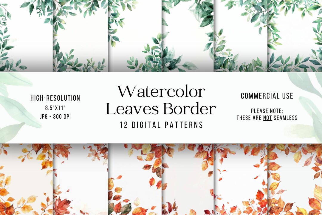 Watercolor Leaves Borders Digital Paper: 8.5