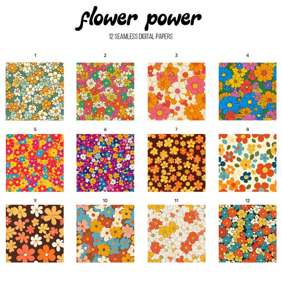 Flower Power Digital Paper: Retro 60s 70s Floral Seamless Patterns
