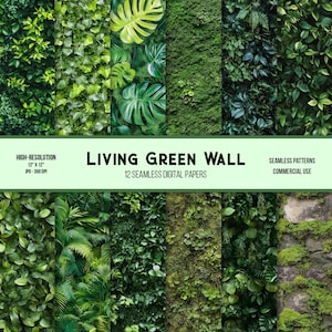 Lebende Grüne Wand Nahtlos Digitales Papier | Kommerzielle Nutzung | Hochauflösend | 300 dpi | JPG | Grün | Botanische | Pflanzen