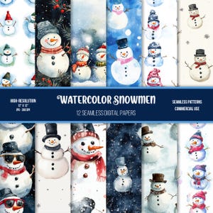 Carta digitale senza soluzione di continuità con pupazzi di neve ad acquerello / Uso commerciale / Alta risoluzione / 300 dpi / JPG / Festività / Gelido / Fiocchi di neve