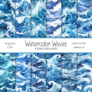 May include: Twelve digital papers featuring watercolor illustrations of blue ocean waves. The papers are seamless and can be used for commercial purposes.