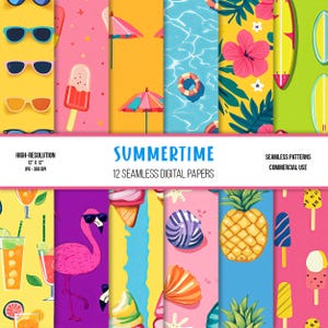 Op de afbeelding: Twaalf digitale papierontwerpen met zomerse thema's. De ontwerpen omvatten zonnebrillen, ijs, ananas, flamingo's, schelpen, surfplanken en tropische bloemen. De papieren zijn 30,5 cm bij 30,5 cm en 300 DPI.