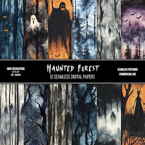 May include: Twelve digital papers featuring a spooky forest theme. The papers feature a variety of spooky elements, including ghosts, trees, and bats. The papers are perfect for creating Halloween crafts, decorations, and invitations.