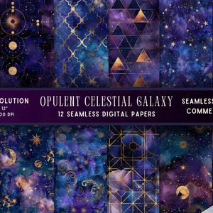 May include: Twelve digital papers featuring seamless patterns of a celestial galaxy with gold geometric shapes and stars on a dark blue and purple background. The text "OPULENT CELESTIAL GALAXY" is at the top of the image.