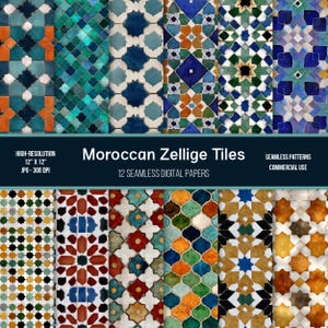 Peut inclure: Douze papiers numériques sans couture présentant des motifs de carreaux zellige marocains haute résolution. Les motifs présentent une variété de couleurs, notamment le turquoise, le bleu, l'orange et l'or, dans des arrangements géométriques complexes. Chaque papier mesure 30,48 cm x 30,48 cm et est utilisable commercialement.