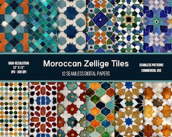 Moroccan Zellige Tiles Digital Paper: Seamless Colorful Patterns (Digital Download)