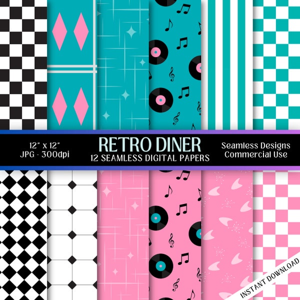Retro Diner Seamless Digital Paper | Commercial Use | High-resolution | 300 dpi | JPG | 1950s | Adobe Illustrator | Hand Drawn