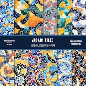 Puede incluir: Doce papeles digitales con patrones sin costuras de azulejos de mosaico coloridos. Los patrones incluyen formas geométricas, remolinos y diseños abstractos.