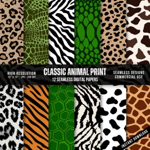 May include: Twelve digital papers featuring seamless animal print patterns. The patterns include leopard, crocodile, zebra, snake, cheetah, giraffe, tiger, turtle, and cow. Each pattern is 12 inches by 12 inches and 300 DPI.