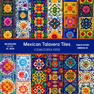 Puede incluir: Una colección de coloridos azulejos mexicanos de Talavera. Cada azulejo presenta un diseño floral único en tonos vibrantes de naranja, azul, amarillo y rosa. La imagen incluye el texto "Mexican Talavera Tiles" y "12 Seamless Digital Papers". Los azulejos miden 30,48 cm x 30,48 cm.