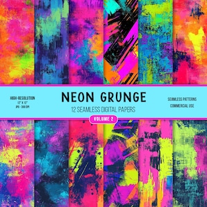 Neon Grunge Digital Paper: Seamless Bright Texture Backgrounds (Digital Download)