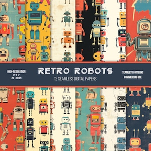 Retro robotar sömlösa digitala papper: Vintage stil mönster (digital nedladdning)