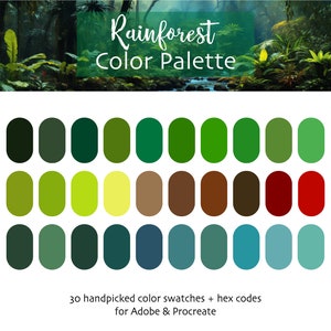 Puede incluir: Una paleta de colores con 30 muestras de colores elegidas a mano con códigos hexadecimales para Adobe y Procreate. Los colores están inspirados en una escena de selva tropical con tonos de verde, marrón, rojo y azul.