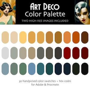 Pode incluir: Uma paleta de cores com 30 amostras de cores cuidadosamente selecionadas com códigos hexadecimais para Adobe e Procreate. A paleta é inspirada no estilo Art Déco e inclui tons de ouro, marrom, cinza, azul e verde.