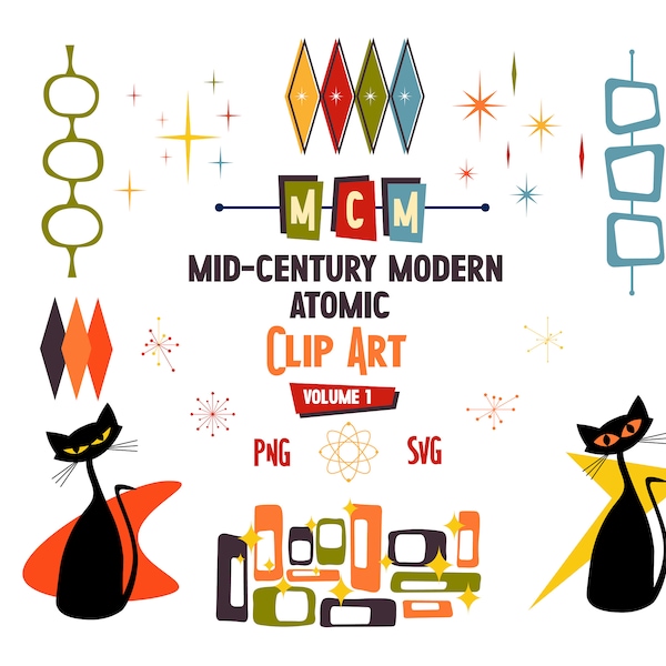 Imágenes prediseñadas atómicas modernas de mediados de siglo V1: Elementos gráficos retro (descarga digital)