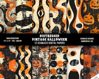 Papel digital vintage desgastado de Halloween: Patrones retro sin costuras (descarga digital)