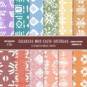 Op de afbeelding: Twaalf digitale papierpatronen met kleurrijke modderdoekontwerpen. De patronen zijn naadloos en bevatten witte geometrische vormen op een verscheidenheid aan gekleurde achtergronden.