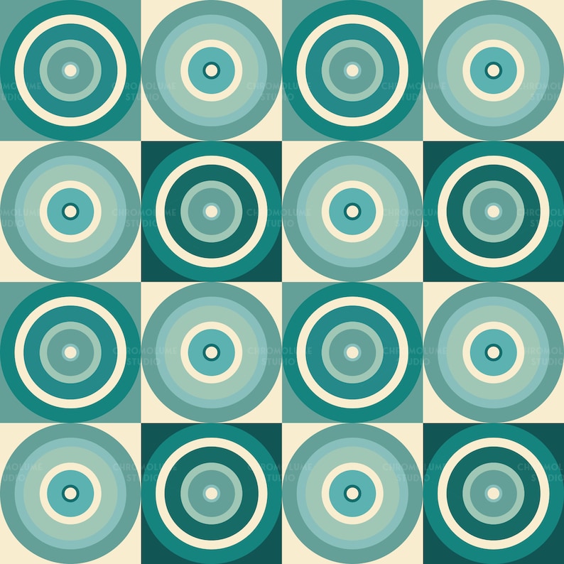 K&ouml;nnte beinhalten: Geometrisches Muster mit sich wiederholenden t&uuml;rkisfarbenen und blaugr&uuml;nen konzentrischen Kreisen auf einem cremefarbenen und blaugr&uuml;nen Hintergrund. Das Design hat eine Retro-&Auml;sthetik der Mitte des Jahrhunderts mit einem sich wiederholenden Kreismotiv.