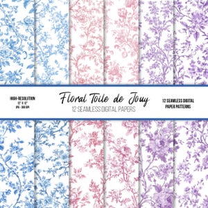 Carta digitale senza cuciture floreale Toile de Jouy / Uso commerciale / Alta risoluzione / 300 dpi / JPG / Motivi francesi / Fiori / Monocromatico