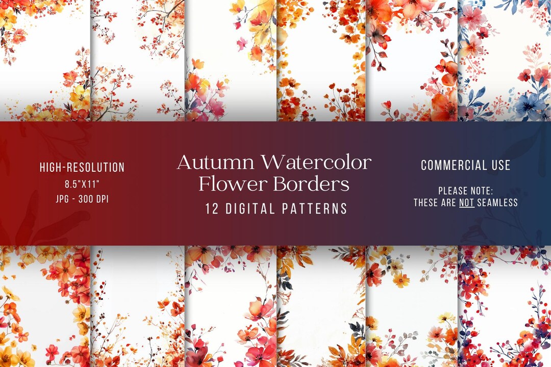 Autumn Watercolor Flower Borders Digital Paper: 8.5