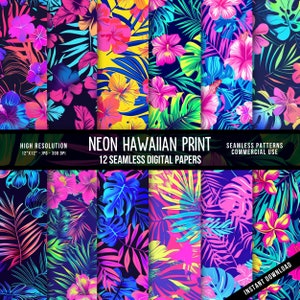 May include: Twelve digital papers featuring neon Hawaiian print designs. The designs include tropical leaves and flowers in bright colors like pink, yellow, blue, and green.
