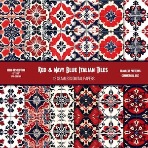 Puede incluir: Doce papeles digitales con patrones sin costuras de azulejos italianos rojos y azul marino. Cada patrón mide 30,48 cm por 30,48 cm y 300 DPI.