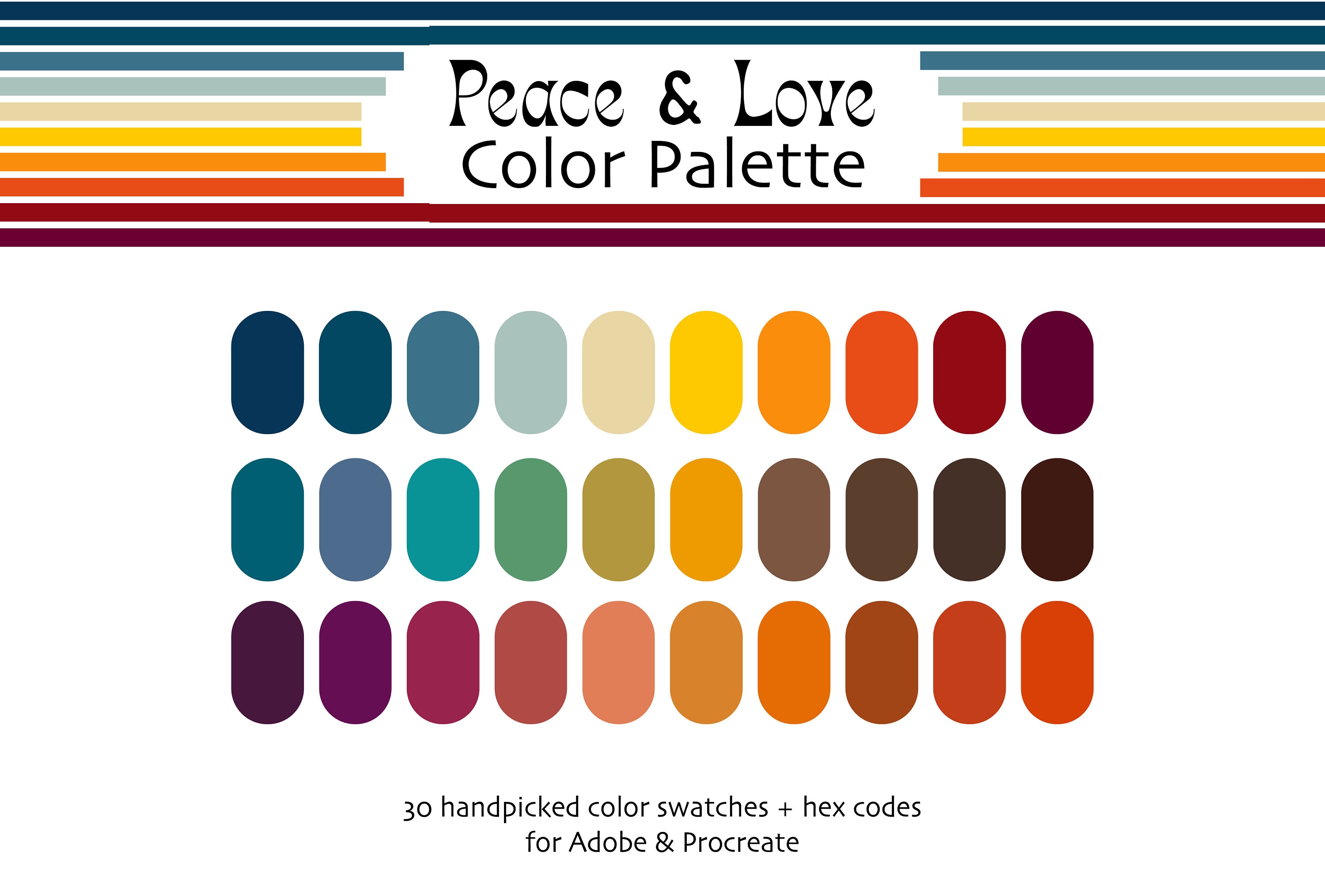 Paleta de colores retro Peace & Love de los años 70 para Procreate y Adobe | Descarga instantánea con códigos HEX