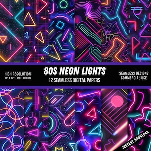 May include: Twelve digital paper designs featuring neon geometric shapes and lines in bright colors like pink, blue, green, and yellow on a black background. The text "80s Neon Lights" is at the top of the image.