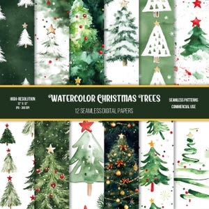 Aquarel kerstbomen naadloos digitaal papier | Commercieel gebruik | Hoge resolutie | 300 dpi | JPG | Vakantie | Ster