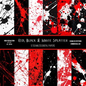 May include: Twelve digital paper patterns featuring red, black, and white paint splatters. The patterns are seamless and can be used for commercial purposes.